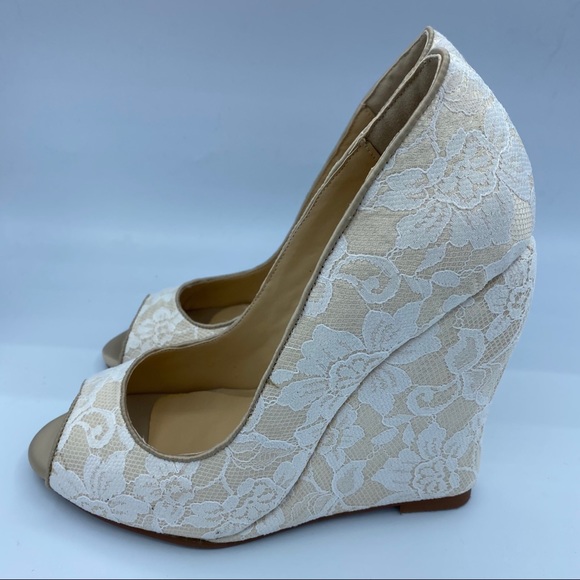Ivory Wedding Shoes Lace Heels Peep Toe Wedge - Picture 4 of 10